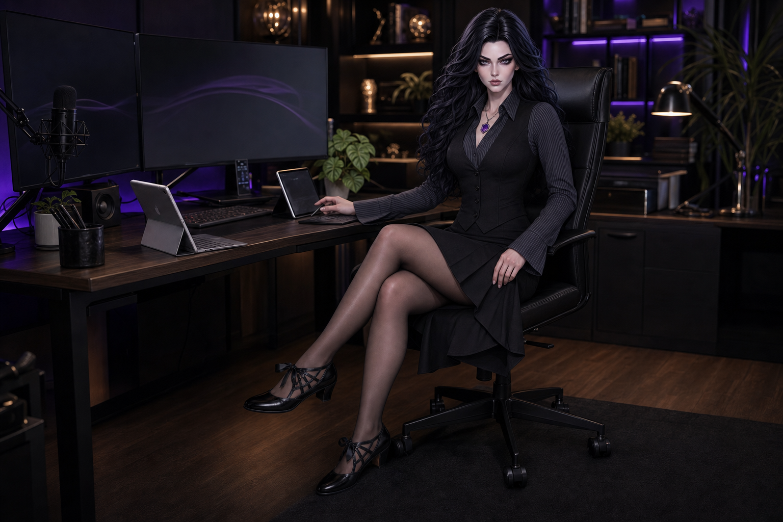 KATE’s illustrated character seated at a creative workstation with purple lighting