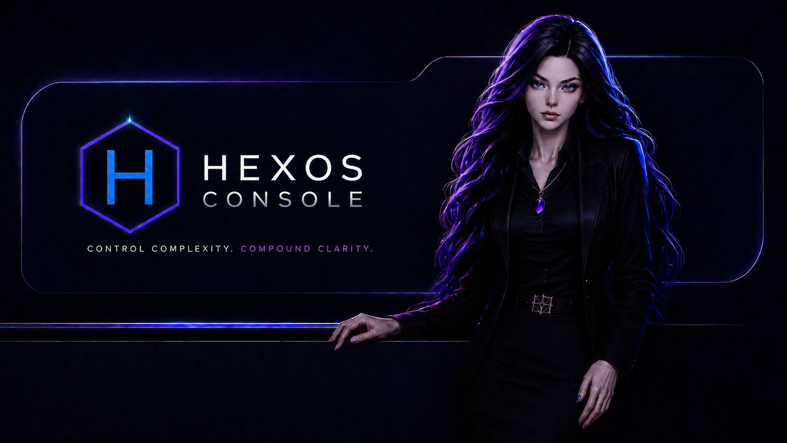 HexOS Console website header featuring the official H emblem and Hex, founder Jacqueline L. Waters' public identity.