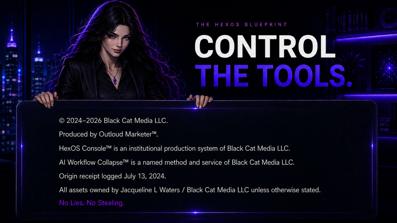 HexOS Console footer featuring Hex and the institutional ownership and origin record.